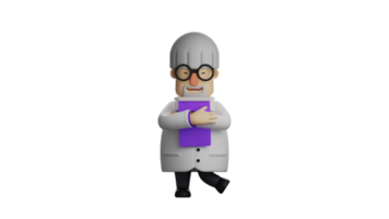 3D illustration. Health Lecturer 3D cartoon character. Old health lecturer carrying notebook. Lecturer wear white coats and will check student activity. 3D cartoon character png