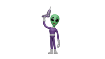 3D illustration. Alien 3D cartoon character. Alien wearing purple clothes. The alien took the drill and lifted it up. Cool aliens. 3D cartoon character png