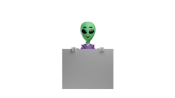 3D illustration. Good Alien 3D cartoon character. The alien was standing behind the blackboard he was carrying. The alien smiled slightly and faced forward. 3D cartoon character png