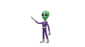 3D illustration. Alien 3D cartoon character. Alien with a pose pointing in a direction. Alien is talking to someone he met. Cute cartoon alien 3D cartoon character png