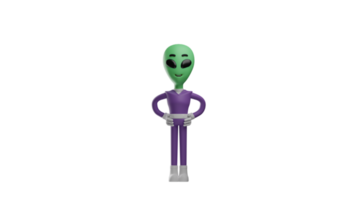 3d illustrazione. affascinante alieno 3d cartone animato carattere. il alieno si fermò dritto e mettere il suo mani su il suo vita. alieno sorrise dolcemente e guardato contento. 3d cartone animato personaggio png