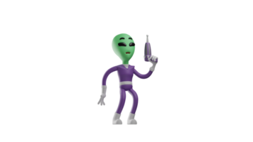 3D illustration. Weird Alien 3D cartoon character. The alien brandished his drill bit up. The alien showed a strange expression. Alien is green. 3D cartoon character png
