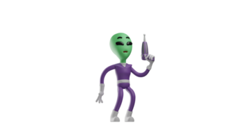 3D illustration. Weird Alien 3D cartoon character. The alien brandished his drill bit up. The alien showed a strange expression. Alien is green. 3D cartoon character png