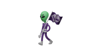 3D illustration. Incredible alien 3D cartoon character. Aliens carry his flags on his shoulder. Alien carrying a flag while walking towards a place where he will live. 3D cartoon character png