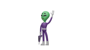 3D illustration. Green Alien 3D cartoon character. The alien waved one hand at someone. The alien carried his gun and showed a friendly smile. 3D cartoon character png