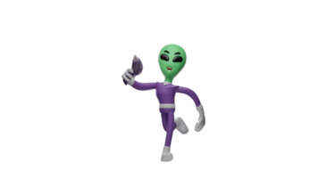 3D illustration. Attractive Alien 3D cartoon character. Alien in running pose. Alien ran fast while carrying a drill. The alien pointed its drill bit forward. 3D cartoon character png