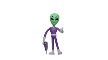 3d illustration. mignonne extraterrestre 3d dessin animé personnage. extraterrestre portant une violet costume. extraterrestre sourit et donné une les pouces en haut signe. le extraterrestres apporter perceuses. 3d dessin animé personnage png