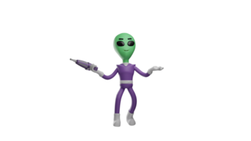 3D illustration. Confused Alien 3D cartoon character. The alien spread its arms. Alien brings the drill tool that he will use. The alien showed a confused expression. 3D cartoon character png