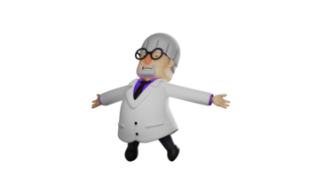 3d Illustration. süß Professor 3d Karikatur Charakter. Professor mit ein Springen Pose und Verbreitung seine Waffen. das alt Professor hat fertig seine arbeiten. 3d Karikatur Charakter png