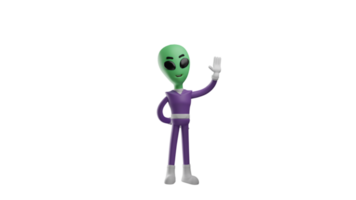 3D illustration. Amazing Alien 3D cartoon character. The alien stood up and put one hand behind his body. Alien smiled sweetly facing forward. 3D cartoon character png