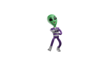 3D illustration. Happy Alien 3D cartoon character. The aliens was laughing at something in front of him. The alien laughed while holding its stomach and pointing its tool forward. 3D cartoon character png