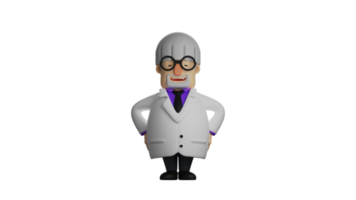 3D illustration. Relaxed Professor 3D cartoon character. Professor with a standing pose and put his hands on his waist. The Professor showed a relieved expression. 3D cartoon character png