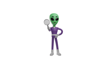 3D illustration. Cool Alien 3D cartoon character. Alien carrying a magnifying glass. Alien has a great curiosity about many things. Alien getting ready to research something. 3D cartoon character png