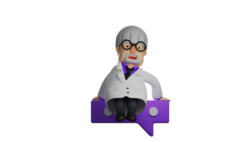 3D illustration. Senior Professor 3D cartoon character. Professor is relaxing enjoying his break time. The old professor sat on the purple symbol with a sweet smile. 3D cartoon character png