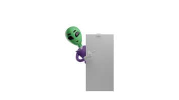 3D illustration. Cute Alien 3D cartoon character. An alien stands behind the whiteboard he carries. The alien pointed at something on the board. Smart aliens. 3D cartoon character png