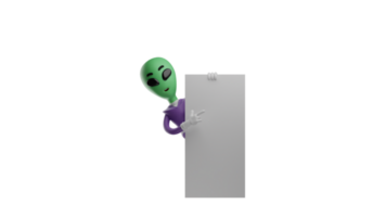 3D illustration. Cute Alien 3D cartoon character. An alien stands behind the whiteboard he carries. The alien pointed at something on the board. Smart aliens. 3D cartoon character png