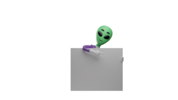 3D illustration. Smart Alien 3D cartoon character. The cute alien points to the whiteboard he is carrying. Alien standing behind the whiteboard. 3D cartoon character png