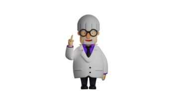 3D illustration. Smart Professor 3D cartoon character. The Professor pointed up. The Professor wears a white coat and shows a sweet expression. 3D cartoon character png