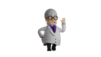 3D illustration. Friendly scientist 3D cartoon character. Scientist waving one hand at someone. Scientist smiles and looks charming. 3D cartoon character png