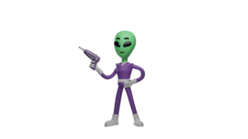 3D illustration. Cool Alien 3D cartoon character. Alien stood while pointing his drill tool forward. The alien put one hand on his waist. Aliens look dashing and dignified. 3D cartoon character png
