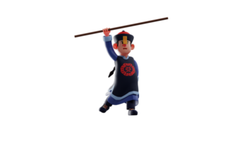 3D illustration. Cool Vampire 3D cartoon character. Vampire is fighting with someone. The vampire pointed his wooden staff up to fend off resistance. 3D cartoon character png
