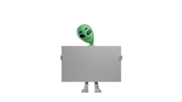 3d ilustración. de miedo extraterrestre 3d dibujos animados personaje. el extraterrestre lleva un pizarron. el extraterrestre presentado un extraño expresión y asustado todos. 3d dibujos animados personaje png