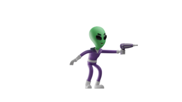 3d illustration. horrible extraterrestre 3d dessin animé personnage. le extraterrestre apporter perceuses. le extraterrestre pointu ses percer vers l'avant et semblait à effrayer quelqu'un. 3d dessin animé personnage png