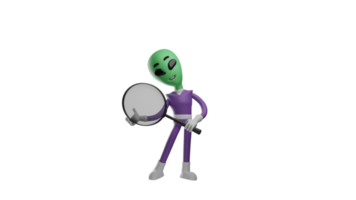 3D illustration. Smart Alien 3D cartoon character. Alien carrying a magnifying glass. The alien will research something he encounters on earth. Aliens have extraordinary thoughts. 3D cartoon character png