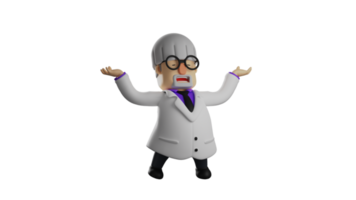 3D illustration. Emotional Professor 3D cartoon character. The Professor stretched his arms up. The old professor showed an angry expression. 3D cartoon character png