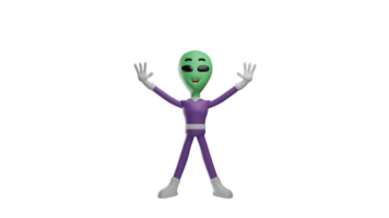 3D illustration. Scared Alien 3D cartoon character. The alien spread both arms forward. Alien in a pose stopping someone. The alien showed his frightened expression. 3D cartoon character png