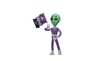 3D illustration. Happy alien 3D cartoon character. The alien smiled sweetly and showed a happy expression. The alien carries a flag with the group's symbol on it. 3D cartoon character png