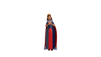 3D illustration. Calm Queen 3D cartoon character. The queen put her hands on her chest. The queen closed her eyes and felt calm. Queen looks classic and elegant. 3D cartoon character png