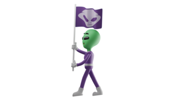 3D illustration. Alien 3D cartoon character. Alien come from outer space. Alien here and there looking for a place to live. Alien carries a flag on his shoulder and looks excited. 3D cartoon character png