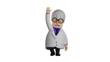 3d illustratie. boos professor 3d tekenfilm karakter. de professor verheven een hand- roeping uit naar iemand in voorkant van hem. de oud professor liet zien een boos uitdrukking. 3d tekenfilm karakter png