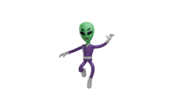 3D illustration. Attractive Alien 3D cartoon character. Alien with hopping pose wants to chase something in front of him. Alien look excited about his activities. 3D cartoon character png