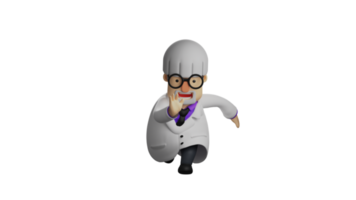 3D illustration. Old Professor 3D cartoon character. Professor in galloping pose. Professor is chasing something in a hurry and stopped something by sticking out his hand. 3D cartoon character png