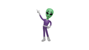 3d illustrazione. attraente alieno 3d cartone animato carattere. il alieno mettere uno mano su il suo vita. il alieno appuntito su utilizzando uno mano. il alieni Guarda contento. 3d cartone animato personaggio png