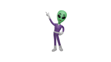 3D illustration. Attractive Alien 3D cartoon character. The alien put one hand on his waist. The alien pointed up using one hand. The aliens look happy. 3D cartoon character png