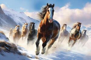 horses galloping freely through a snowy landscape. photo