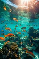 Underwater school of diverse tropical fish swimming rapidly. AI generative photo