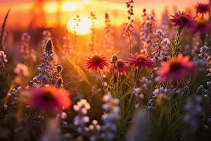Summer flower field close up with wild romantic sunset. AI generative photo