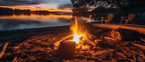 experiencia un brillante hoguera por el lago, con un maravilloso puesta de sol y el calor de abierto llamas, fuego, y registros disfrutar playa cámping a noche en medio de el sereno lago paisaje. generativo ai foto