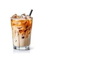 Iced coffee with cream being poured into it showing the refreshing drink on a white background with copy space. Generate AI photo