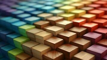 A spectrum of stacked, multi-colored wooden blocks, providing a background or cover for something creative, diverse, expanding, rising, or growing. generated by AI. photo