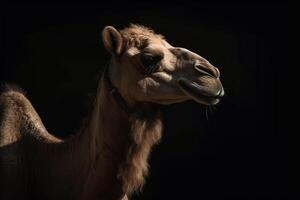 Portrait of a camel face shot, close-up, isolated on black background. photo