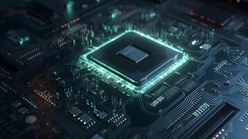 computer circuit board, Electrical components on a cyan glowing print board can be used as wallpaper, posters, and banner designs. photo