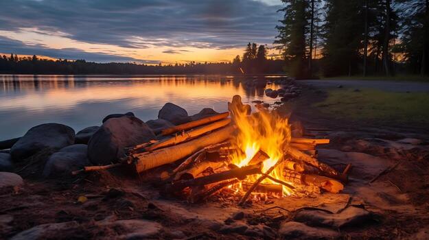 Experience a glowing campfire by the lake, with a stunning sunset and the warmth of open flames, fire, and logs. Enjoy beach camping at night amidst the serene lake landscape. photo