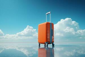 naranja maleta en el cielo viaje y vacaciones concepto foto