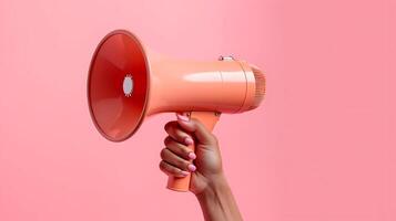 Hand is hold megaphone and wear grey suit on pink pastel color background. generative AI photo