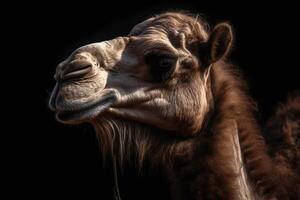 Portrait of a camel face shot, close-up, isolated on black background. photo